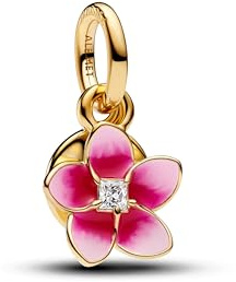 PANDORA Disney Moana Pink Plumeria 14 K Goldplattierter Doppel-Dangle mit klarem Cubic Zirkonia und rosa Enamel