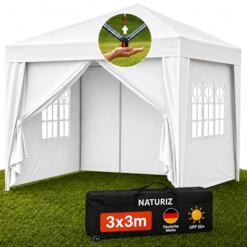 NATURIZ® Pavillon 3x3 Wasserdicht Stabil und UV 50+ Schutz - Faltpavillon mit Seitenwänden - Pop Up Zelt für Garten, Camping, Marktstand & Partyzelt, Gartenpavillon, Gartenzelt, Festzelt (Beige)