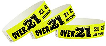 500 WristCo Over 21 Neon Yellow Tyvek Wristbands for Events - ¾” x 10” - Waterproof Recyclable Comfortable Tear Resistant Paper Bracelets Wrist Bands for Concerts Festivals Admission Party
