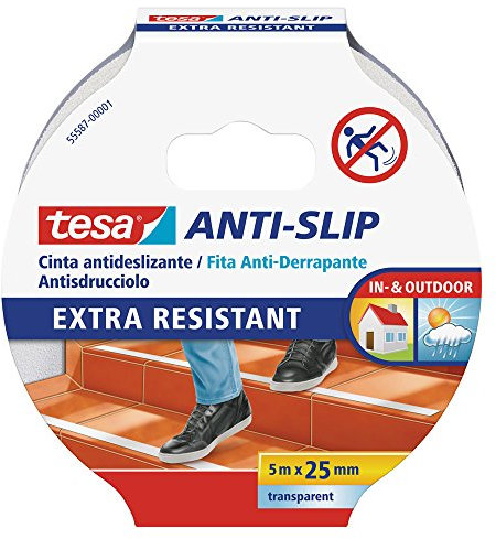 tesa Cinta Antideslizante , Cinta Adhesiva Antideslizante para Interiores y Exteriores , adecuado para Escalones, Rampas y Suelos Resbaladizos , Transparente , 5 m x 25 mm