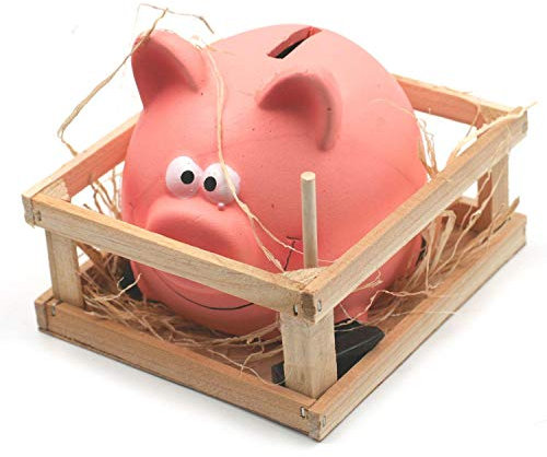 Keramik Spardose im Schweinchen Design ca. 13 cm Sparschwein mit Hammer & Stall