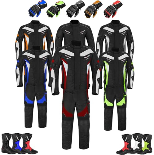 Motorbike Suit With Gloves and Free Balaclava Waterproof 2 Piece Full Suit in Cordura Fabric and CE Approved Armour - Jacket + Trouser + Gloves (Grey, M - 38 Chest / 32 Waist + Free Gloves)