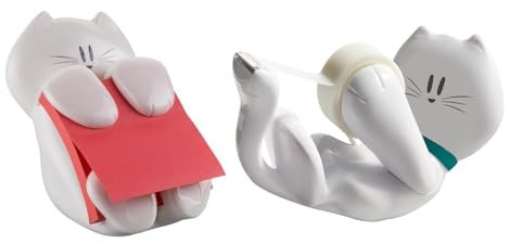 Post-it Z-Notes Spender & 3M Scotch Klebebandabroller im Katzendesign, Praktische Einhand-Notizausgabe mit 1 Block (pink) und Klebeband weiß, 19mm x 8,89m für Schreibtisch - Weihnachtsgeschenk