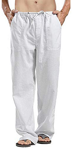 VANVENE Mens Linen Trousers Casual Loose Lightweight Elastic Waist Summer Yoga Beach Pants White