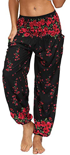 Nuofengkudu Femme Hippie Sarouel Harem Thai Pantalon Poches Boho Fleuri Print Taille Haute Baggy Casual Plage Leger Yoga Pants (X-Fleur Noire,Taille Unique)