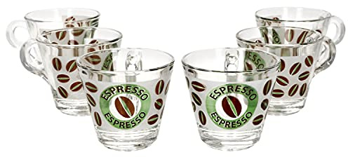 MamboCat Cremona - Set di 6 tazzine da caffè in vetro con manico, 60 ml, effetto vetro smerigliato con chicchi di caffè e scritta I Alternativa per Lungo, Americano, Ristretto & Co