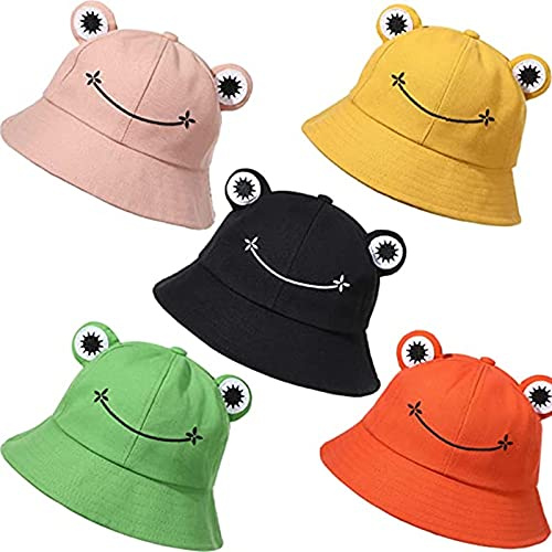 Fischerhut, Motiv: Frosch, Fischerhut, Baumwolle, UV-Schutz, für Kinder und Erwachsene, Grün, Cartoons, breite Krempe, 5 Stück