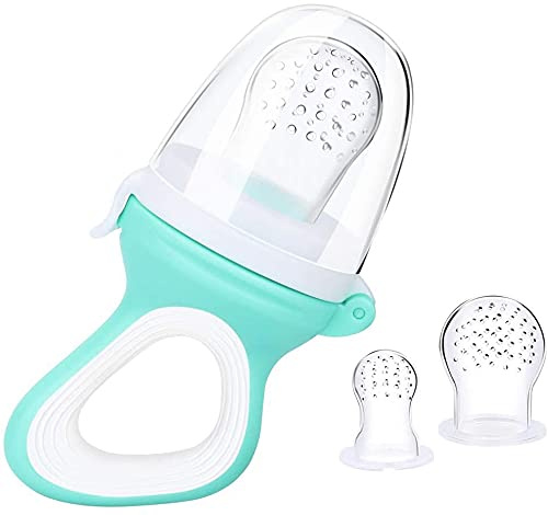 Ruiuzioong Fruchtsauger für Baby & Kleinkind + 3 Silikon-Sauger in 3 Größen - BPA-frei - Schnuller Beißring für Obst Gemüse Brei Beikost (Blue)