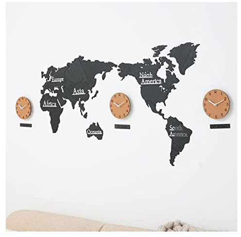 BZVV World Map Wall Art, World Clocks, Time Zone, Decorative Wall Clock for Bedroom Living Room, Home Office Background Wall Decor, Wall Clock Made