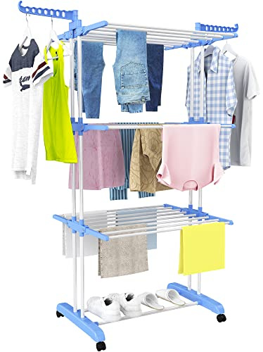 Etendoir Linge Interieur Exterieur, 4 Niveaux Pliable Sechoir a Linge, Bleu | Acier Inoxydable Grande Seche Linge Etendoir avec Roues