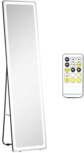 HOMCOM Espejo de Pared de Cuerpo Entero Espejo de Pie de Suelo con Luces LED Mando a Distancia 3 Colores de Luz Ajustable Brillo Ajustable y Marco de Aluminio 40x37x157,5 cm Plata y Negro