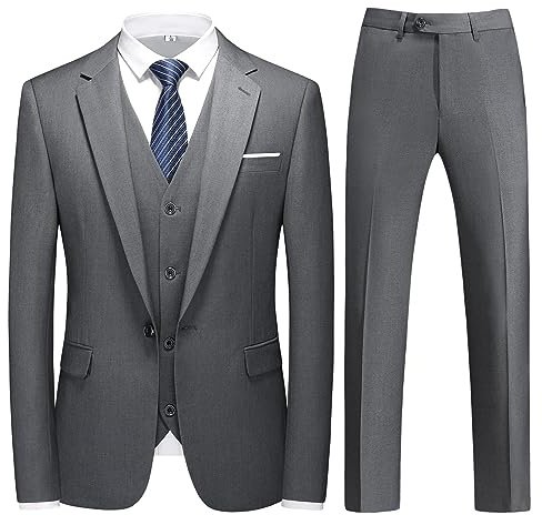 KUDMOL Mens 3 Pieces Suit Business One Button Tuxedo Suit for Men Tuxedo Classic Blazer Waistcoat Trousers Set Deep Grey