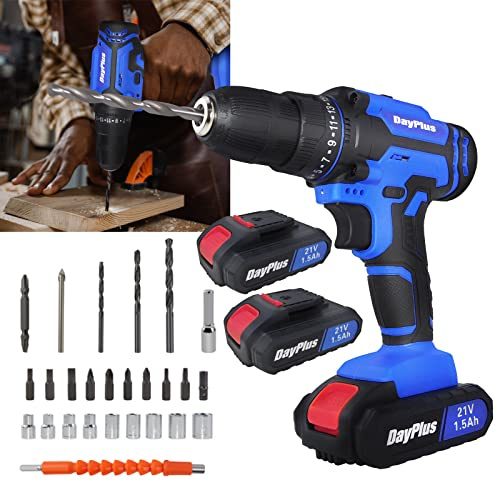 Cordless Combi Drill and Electric Driver, Power Screwdriver Electric Hand Drills with 2x21v Batteries, 1 Hour Quick Charge, 0.8-10mm Chuck, 2 Speed, LED Light for Home and DIY Project