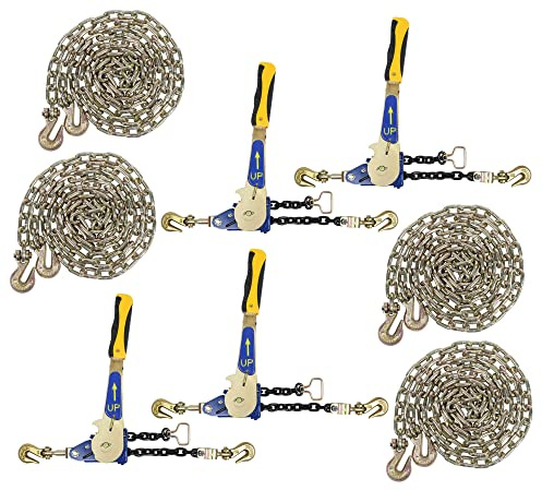 Mytee Products 8 Pcs G70 5/16 Chain & Easy Binder Kit - (4) 5/16-3/8 Easy Ratcheting Chain Load Binder & (4) 5/16 x 20' G70 Transport Chain w/Grab Hooks - 4700 lbs WLL for Truck Trailer Tie Down