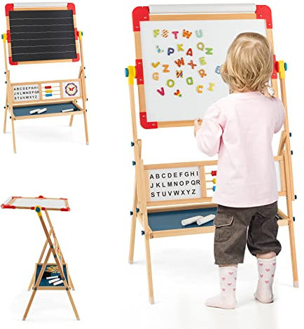 COSTWAY Chevalet d’Art Enfant Double Face avec Planche à Dessin Rotatif, Tableau Enfant en Bois avec Horloge et Alphabet, Boulier Educatif, Rouleau de Papier pour Enfants de 3+ Ans Naturel