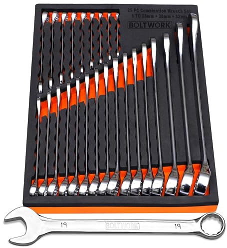 BOLTWORK Spanner Set 25 Combination Open and Bi-Hexagonal Spanner Set, Drop Forged 6 to 28, 30, 32mm Metric Sizes Supplied in Heavy Storage Eva Foam Tray