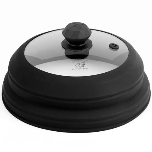 Microwave Splatter Cover Vented Glass Cover Splatter Guard Lid with Collapsible Silicone for Food as Pot Cover Plate Cover 10.8 inch for 6 7 8 9 10 inch Plate Bowl Black