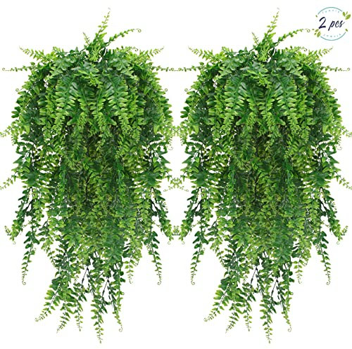 Towviy Künstliche Hängepflanze, 2 Stück Farn Kunstpflanze Hängend 80cm Hängende Pflanzen Fake Grünpflanze Künstliche Blattpflanzen Plastikpflanzen hängend für Wand Hochzeit Garten Büro Deko