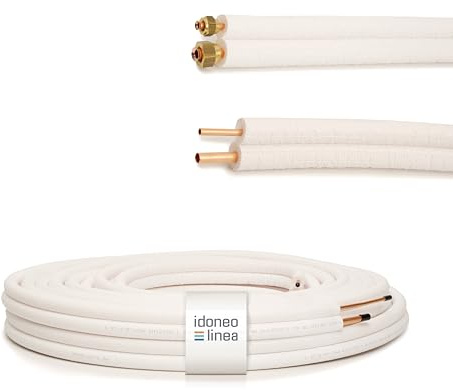 Idoneo Linea Kältemittelleitung 1/4 + 3/8 1-25m vorisoliertes Kupfer-Doppelrohr Rolle Kupferrohre Kühlsysteme 9000/12000 Kälterohr Klimaleitung Flexibel (mit Überwurfmuttern gebördelt, 4m)