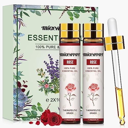 MIGCAPUT Olio Essenziale di Rosa 2 x 10ML, Set di Oli Essenziali di Aromaterapia Naturale Puri al 100%, Olio di Rosa di Grado Terapeutico per Diffusori, Umidificatore, SPA, Massaggi, Bagno, Rilassare