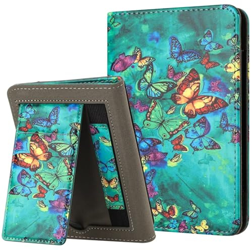 MOKASE Hülle für 6.8 Zoll Kindle Paperwhite 11. Gen. 2021 (Modell: M2L3EK/M2L4EK), PU-Ständer Hardcover, Schlau Schlaf/Aufwach mit Handschlaufe & Kartenfach für Kindle Paperwhite, Green Butterflies
