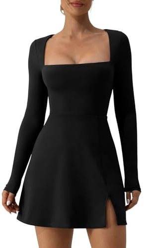 QINSEN Woman's Solid Black Mini Dress Long Sleeve Square Neck Stretch Flare Dresses M