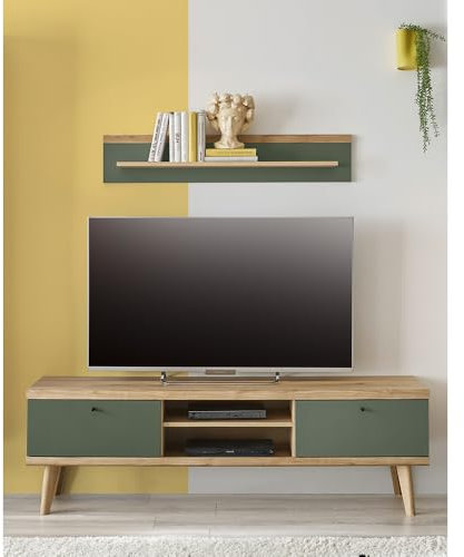 Lomadox Wohnwand Anbauwand Wohnzimmer TV-Lowboard inkl. Wandboard in Eiche mit grün Modern 2-teilig
