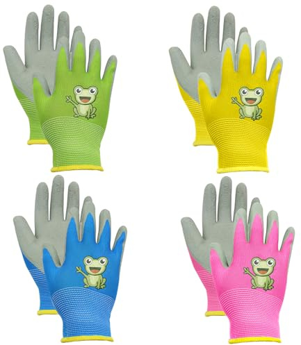 BORISCA 4 paia in 4 colori di protezione in lattice ispessito, guanti da giardinaggio per bambini, graziosi rane per bambini, da giardino, resistenti all'usura e antiscivolo, per bambini dai 5 ai 7