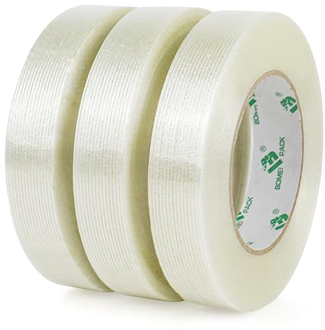 BOMEI PACK Transparent Straight line Filament Ruban Adhésif, Ruban d'emballage renforcé de fibres filament Renfort et cerclage ruban adhésif robuste adhésif (25mm*50m 3R)
