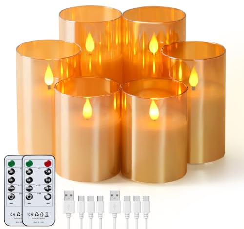 Forever Speed 6er-Set Gold Glas Led Kerzen Aufladbar mit Fernbedienung Timer, Dimmbar Wiederaufladbare Flammenlose Kerzen mit Ladekabel für Wohndekoration, Camping, Hochzeiten, Geschenke