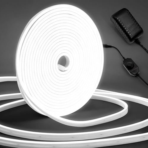 ELOUYCKE Neon LED Strip 10M Dimmbar, Kaltweiß LED Streifen, Wasserdichte Neon Light, Silikon DIY Flexibler Lichtband für Schlafzimmer Innen Außenbereich Deko(Inklusive Adapter)