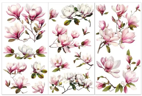 OLYCRAFT 3 Stück/Set Magnolien Abziehbilder Zum Aufreiben Für Möbel Und Kunsthandwerk 15x30cm Transferaufkleber Mit Blumendekor Vintage Blumen Abziehbilder Zum Aufreiben