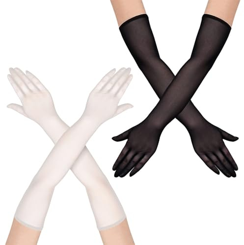 HESUSUSI 2 Stück Tüll Handschuhe Schwarz Lange Hochzeit Braut Damen Oper Lange Opern Party Mesh Nylon Handschuhe Lang Abendhandschuhe für Party（Schwarz + Weiß）