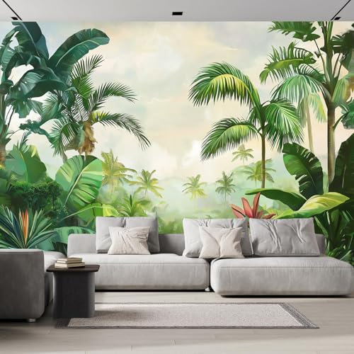 Papier Peint Jungle Verte Forêt Panoramique 3D Nature Abstraite Plantes Revêtement Murale décoration salon，Chambre Coucher Maison Décoration Intérieure 250×175cm
