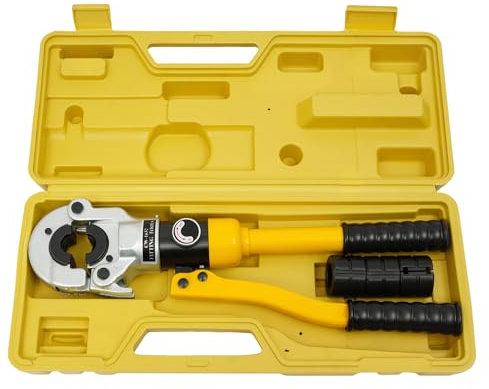 Alicates de prensado de 8 tonos, contorno TH, 16 – 32 mm, 360°, cabezal giratorio con mango, caja de herramientas, 4 insertos para tubos PEX, tubos de acero