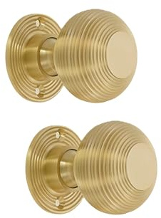 Infinity Decor Pair of Solid Brass Traditional Beehive Mortice Rim Door Knobs in Satin Brass Finish – 50mm Round Pull Handles Set for Internal and External Doors