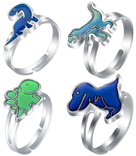 PcvGef Stimmungsring, 4 Stück Dinosaurier Farbwechsel Ringe Für Kinder, Verstellbare Emotionen Schmuck Für Jungen Und Mädchen, Lustige Partyaccessoires, Weihnachtsgeschenke