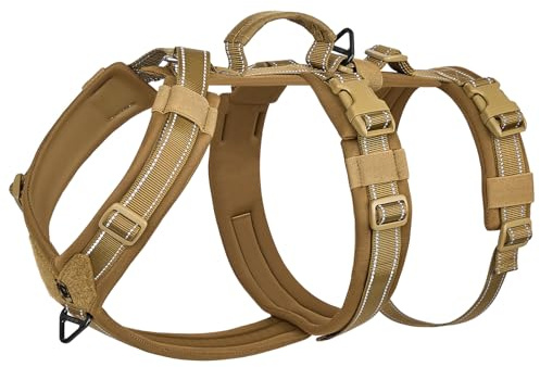 OneTigris Hundegeschirr, HOUNDLOCK Taktisches Geschirr Ausbruchsicher Einstellbar Weich Gepolstert Brustgeschirr mit 1 Griff, 2 D-Ringe und Reflektierend (Braun, M)