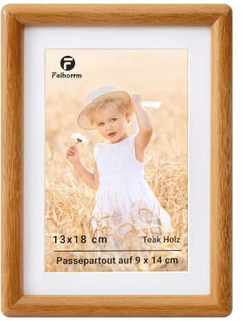 Feihorrm Bilderrahmen 13x18, Teakholz Fotorahmen mit Gehärtetem Glas | Rahmen mit Passepartout für 9x14 Foto, Bilderrahmen Holz für Wohnzimmer, Schlafzimmer, Büro, Wand & Tischbilderrahmen