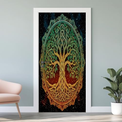 Baum des Lebens 3D Türfolie, Keltischer Lebensbaum Wandbild Selbstklebend, PVC Abnehmbare, Wikinger Türtapete Fototapete, Wandsticker für Heimdekoration, 90x200 cm P5d18
