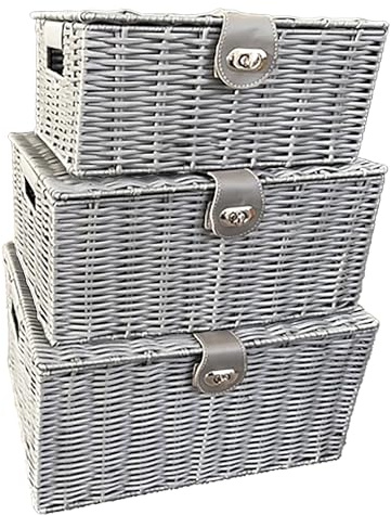 TOPVALEUR Set of 3 Resin Woven Bathroom Storage Baskets - Large Storage Box with Lid, Bedroom Storage Baskets, Bathroom Organiser, Wicker Basket with Lid, Blanket Box, Small Storage Box (GREY)
