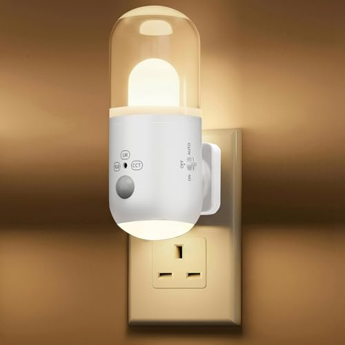 SuglanBee Night Light Plug in Wall with Motion Sensor & Dusk to Dawn Sensor, 3 Color Temperatures,5-Level Dimming (20-240 LM) RGB LED Night Light for Bedroom, Hallway, Stairs (White 1pcs)