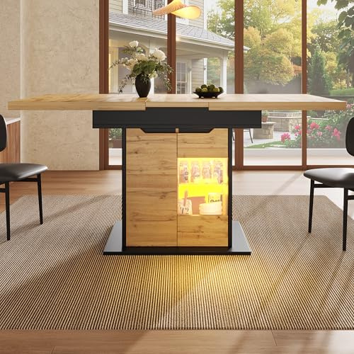 Wiuzo Esstisch Teleskoptisch(110-140×80cm), klappbarer Küchentisch für 4-6 Personen, Ausziehbarer Esstisch, Tisch mit LED-Beleuchtung und Snackablage Schranktüren