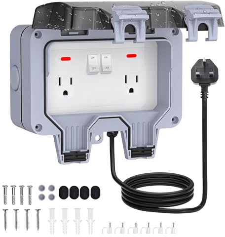 Outdoor Socket with 5M Extension Lead,Weatherproof Double Plug Socket Ip66 Switched Switch Indicator Light Wall Plug Sockets Outlet Cover Box for Home Garden