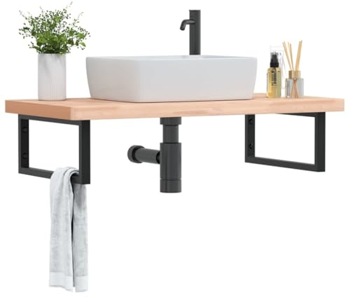 Mimdixy Armadietto per lavandino, montaggio a parete, in acciaio e legno massello di faggio, per bagno, soggiorno, sala da pranzo, cucina, moderno