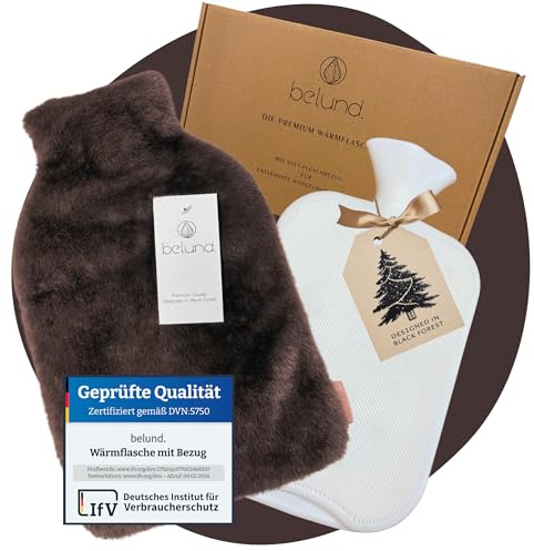 belund.® Wärmflasche Braun mit Plüschbezug mit Geschenkverpackung | Caramel & Espressobraun | 1,8L | Schadstoffgeprüft | Flauschig & Kuschelig | Wärmekissen I