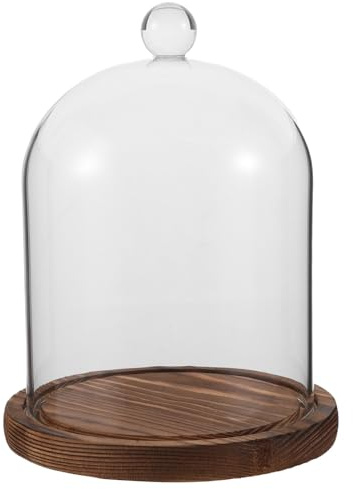 Veemoon Campana de cristal con base de madera: campana transparente para flores, contenedor para plantas inmortales, botella decorativa para manualidades y decoración de rosas para San Valentín.