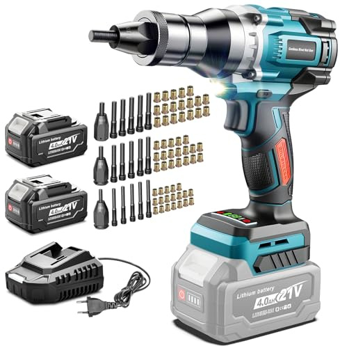Remachadora de batería compatible con batería Mak-kita de 20 V, 2 en 1 sin escobillas, pistola remachadora eléctrica con 2 baterías de 4,0 Ah, 3 tamaños de tuercas de remache (M6, M8, M10), modo