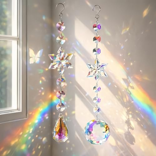 2PCS Crystal Sun Catchers for Windows,Suncatcher Kit with Hanging Crystals,Stained Glass Window Decorations & Garden Ornaments Outdoor,Friendship & Healing Gifts for Women,Crystal Suncatcher