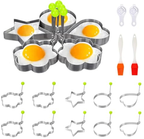 14pcs Egg Rings Set, Non-Stick Pancake Mould with Anti-Scald Handle | Metal, Crumpet Rings, for Fried Egg Breakfast Burger Cookie Baking